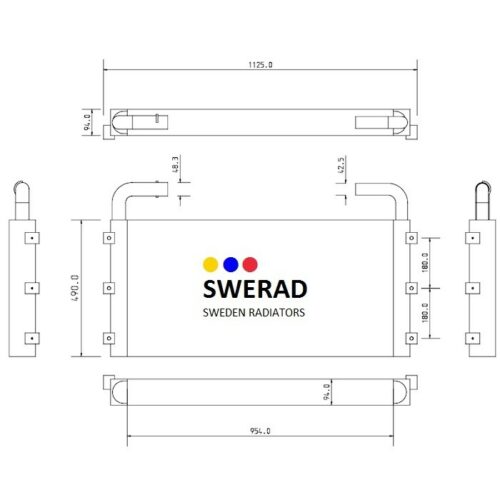 Tekniskt schema över en Kylare JCB grävmaskin från Sweden Radiators, med detaljerade mått och etiketter.
