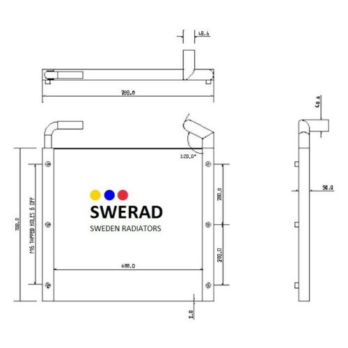 Teknisk ritning av en Kylare JCB grävmaskin radiator, som visar front-, sido- och toppvyer med mått och monteringsdetaljer. SWERAD-logotypen är väl synlig på framsidan.