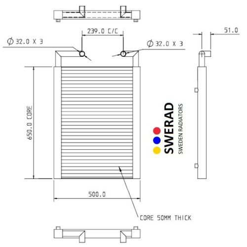 Teknisk ritning av en radiator med dimensioner märkta i millimeter, som visar topp-, front- och sidovyer. Etiketten "Kylare JCB grävmaskin" med logotyp finns på framsidan.