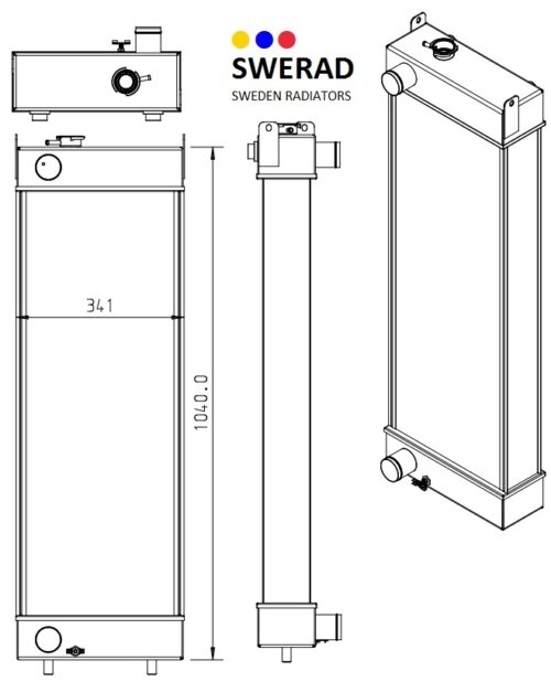 Diagram som visar en detaljerad teknisk ritning av en Kylare Doosan grävmaskin radiator, inklusive front-, sido- och toppvyer med angivna mått.