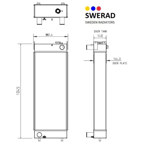 Tekniskt diagram över en vertikal radiator märkt "Kylare Doosan grävmaskin." Diagrammet inkluderar front- och sidovyer med angivna dimensioner, såsom en höjd på 106,5 och en bredd på 382,4.
