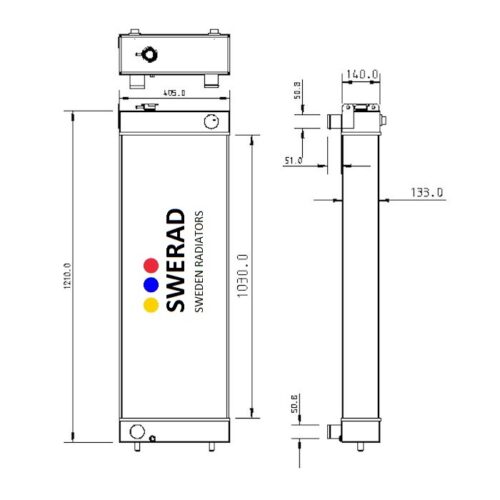 Teknisk ritning av Kylare Doosan grävmaskin radiator. Ritningen inkluderar front- och sidovyer med märkta dimensioner, såsom 133,0 mm bredd, 705,0 mm höjd och 140,0 mm djup.