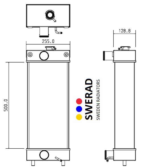 Teknisk ritning av Kylare Doosan grävmaskin radiator, inklusive front- och sidovyer, och mått på 500 mm höjd, 255 mm bredd och 128,8 mm djup. Funktioner inkluderar ventiler och monteringsfästen.