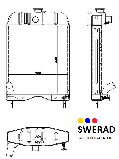 Teknisk ritning av en Kylare Massey Ferguson traktor kylare, som visar front-, sido- och toppvyer med mått. Swerad logotyp med texten "SWERAD SWEDEN RADIATORS" visas i det nedre högra hörnet.