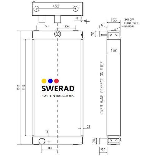Teknisk ritning av Kylare Claas skördetröska från SWERAD Sweden Radiatorer, inklusive front-, sido- och toppvyer, med detaljerade mått och anslutningsplaceringar.