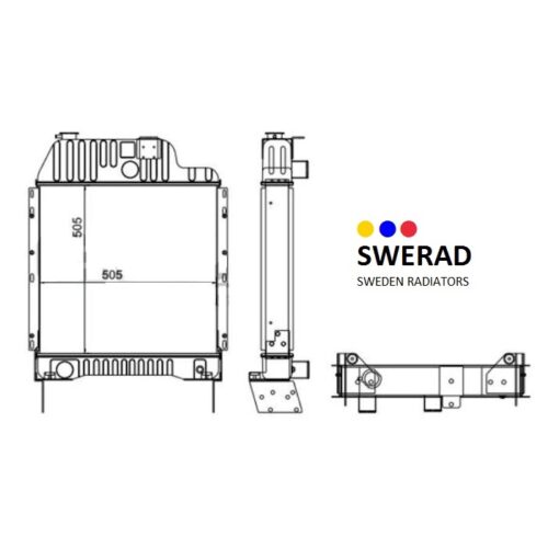 Teknisk ritning av Kylare Massey Ferguson traktor kylare med front-, sido- och toppvyer. SWERAD, Sweden Radiators logotyp med röda, gula och blå prickar visas till höger.