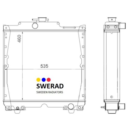 Diagram över en Kylare Fiatagri traktor som visar front- och sidovyer med mått märkta. Framsidan är 535 mm bred och 460 mm hög. Swerads logotyp och texten "Sweden Radiators" finns på framsidan.