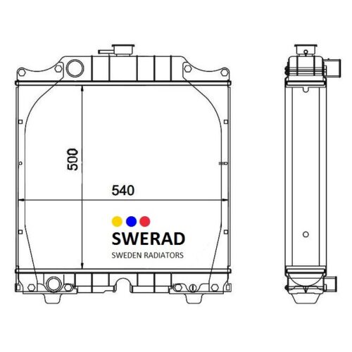 En teknisk ritning av Kylare Fiatagri traktor från SWERAD Sweden Radiatorer, som visar front- och sidovyer med dimensionerna 540 mm och 500 mm markerade.