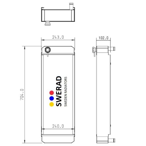 Teknisk ritning av en radiator av Swerad, Sweden Radiatorer. Ritningen inkluderar front-, topp- och sidovyer med dimensionerna 704,0 mm höjd, 240,0 mm bredd och 102,0 mm djup för Kylare Bobcat kompaktlastare-modellen.