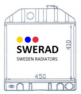 Diagram över en kylare av märket SWERAD märkt "Kylare Fordson traktor" med dimensioner markerade som 450 mm bredd och 410 mm höjd.