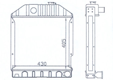 Tekniskt diagram över Kylare Fordson traktor kylare med mått. Framsidan visar en bredd på 430 mm och en höjd på 405 mm. Sidovyn ger ytterligare strukturella detaljer.
