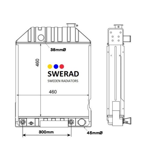 Teknisk ritning av en Kylare Fordson traktor kylare från Sverige Radiatorer, som visar front- och sidovyer med dimensioner: höjd 460 mm, bredd 460 mm, djup 300 mm (botten) och 45 mm (överst), rördiameter 38 mm.