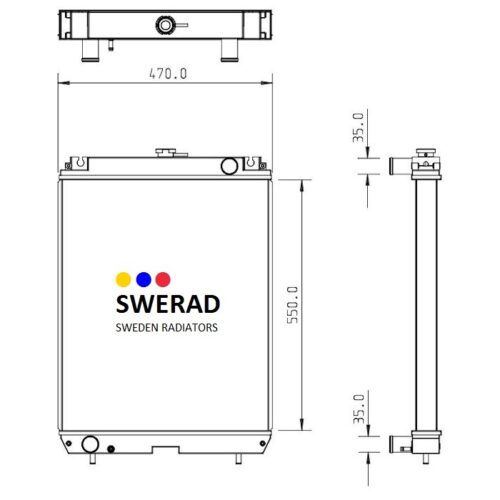 Teknisk ritning av Kylare Hanix grävmaskin radiator. Mått: 470,0 mm bredd, 550,0 mm höjd och 35,0 mm tjocklek. Framifrån och från sidan visas.