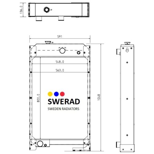 Teknisk ritning av en Kylare Cummins generatorradiator, som visar front-, sido- och toppvyer med dimensioner. Framsidan inkluderar logotypen "Sweden Radiators".