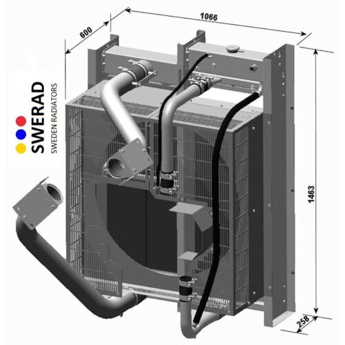 Illustration av en industriell radiator, Kylare Cummins generator, med märkta dimensioner i millimeter (1066 x 1463 x 258) och rör. Den har SWERAD-logotypen och texten "Sweden Radiators.