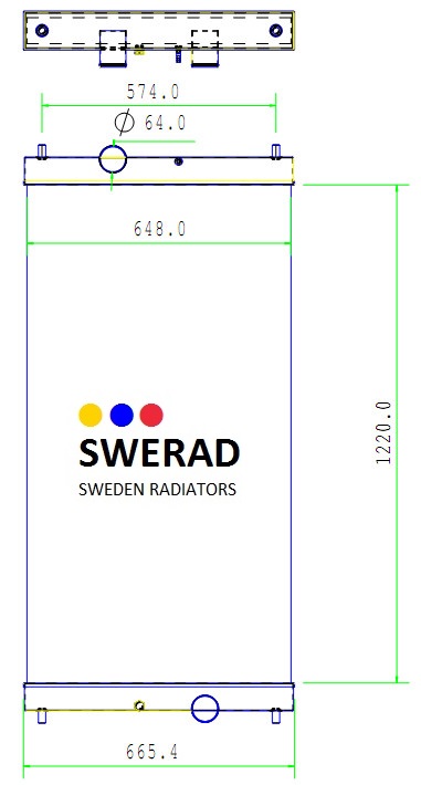 Teknisk ritning av en Kylare Cummins generatorradiator som visar dimensioner: bredd 574,0 mm, höjd 1220,0 mm och ytterligare mått på 64,0 mm, 648,0 mm och 665,4 mm.