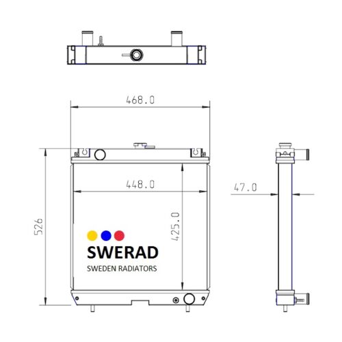 Teknisk ritning av en Kylare Denyo generator radiator. Vyerna framifrån, från sidan och ovanifrån är illustrerade med mått i millimeter, inklusive nyckelmått på höjd, bredd och djup.