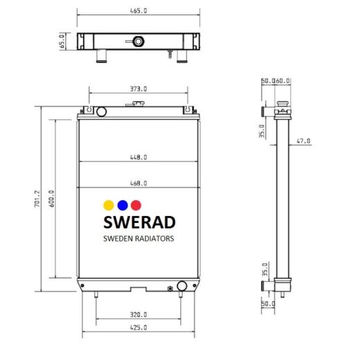 Teknisk ritning av en radiator med mått i millimeter. Kylaren är märkt "Kylare Denyo generator" och inkluderar flera vyer (framsida, topp och sida) med detaljerade mått.