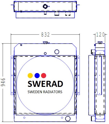 Teknisk ritning av en Kylare Grove mobilkran radiator med dimensioner. Framsidan visar 946 mm höjd och 832 mm bredd, medan sidovyn visar 120 mm djup. Varumärkets logotyp visas på framsidan.