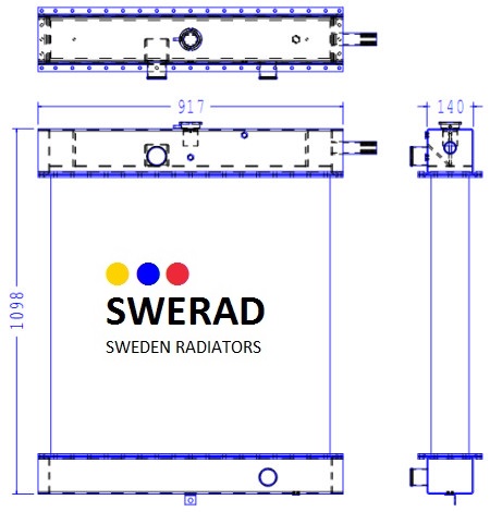 Teknisk ritning av en Kylare Grove mobilkran radiator med måtten 1098 mm på höjden och 917 mm i bredd. Den har SWERAD-logotypen, med slogan "Sweden Radiators.