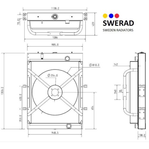 Teknisk ritning av Kylare Liebherr mobilkran radiator med mått och specifikationer i millimeter, märkt med logotypen "SWERAD SWEDEN RADIATORS" i det övre högra hörnet.