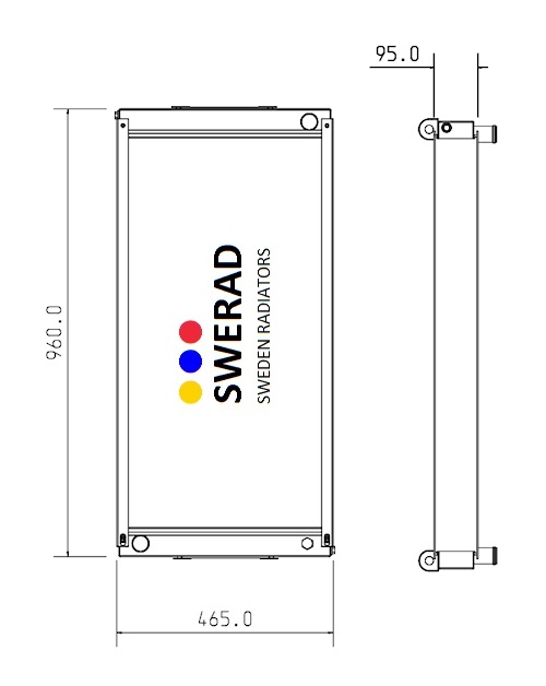 Tekniskt diagram över Kylare Liebherr mobilkran, med dimensioner: 960,0 mm höjd, 465,0 mm bredd och 95,0 mm djup. Radiatorn har Swerads logotyp och färgade cirklar.