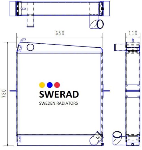 Teknisk ritning av en Kylare Liebherr mobilkran radiator, som visar front-, sido- och toppvyer med måtten 650x780x110mm. Logotypen består av företagsnamnet och fyra färgade prickar ovanför.