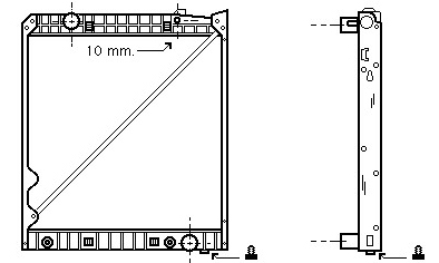 Illustration av Kylare Liebherr mobilkran hårddisk med mått. Framsidan inkluderar en 10 mm dimension och skruvhål. Sidovyn visar frekvensomriktarens tjocklek och motsvarande skruvplaceringar.