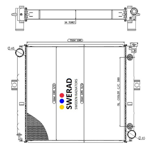 Teknisk ritning av en Kylare Toyota gaffeltruck av SWERAD Sweden Radiatorer, som visar framifrån och ovanifrån. Etiketten "SWERAD SWEDEN RADIATORS" syns på framsidan.