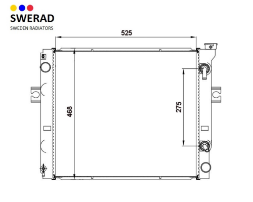 Teknisk ritning av en Kylare Toyota gaffeltruck, märkt "Sweden Radiators", som visar mått: bredd 525 mm, höjd 468 mm och djup 275 mm.