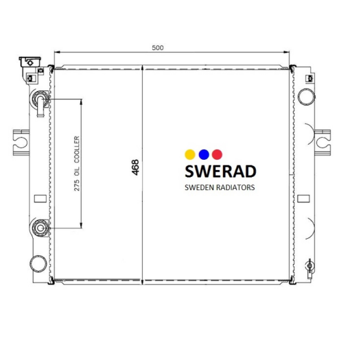 Teknisk ritning av en Kylare Toyota gaffeltruck kylare, med dimensioner på 500 mm bredd och 468 mm höjd. Diagrammet innehåller detaljerade mått för installation och komponentplacering.