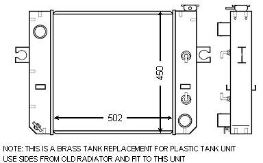 Tekniskt diagram över en Kylare Toyota gaffeltruck mässingstankbyte för en plasttankenhet, med dimensioner markerade som 450 gånger 502, och en notering om att använda sidor från den gamla kylaren för montering.