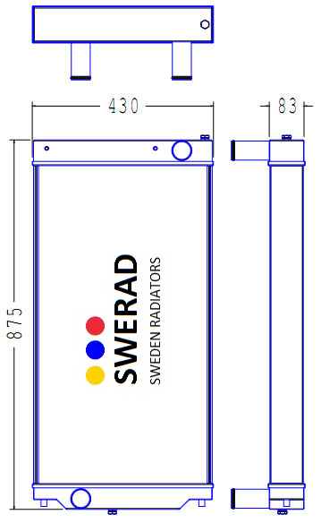 Teknisk ritning av Kylare Case grävmaskin radiator med mått. Framifrån: höjd 875 mm, bredd 430 mm. Sidodjup: 83 mm.