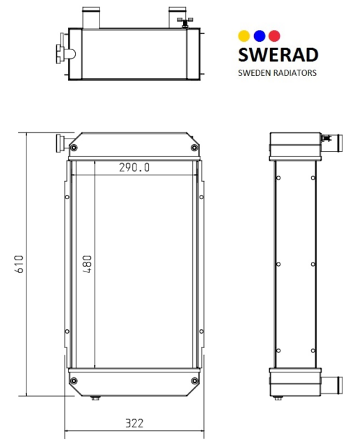 Teknisk ritning av en rektangulär radiator med mått märkta. Logotyp och text "Kylare Hyster gaffeltruck SWERAD Sweden Radiatorer" visas i det övre högra hörnet.