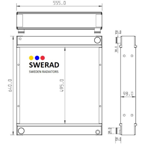 Teknisk ritning av en Kylare Hyster gaffeltruck radiator från Sweden Radiatorer, som visar front- och sidovyer med mått.