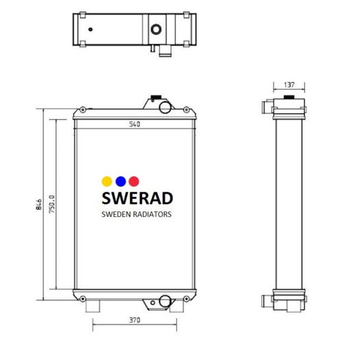 Teknisk ritning av en rektangulär radiator med tre vyer: front, sida och topp. Måtten är märkta och namnet "Kylare New Holland traktor" med en logotyp visas tydligt på framsidan.