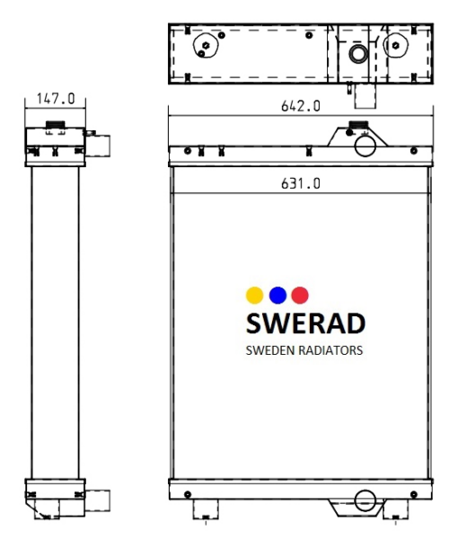 Teknisk ritning av en Kylare New Holland traktor kylare från SWERAD, som visar sido- och frontvyer med mått i millimeter.