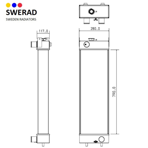 En teknisk ritning av en Kylare New Holland grävmaskin radiatorenhet med tre vyer, som visar dimensioner: 280 mm bredd, 117 mm sidobredd och 790 mm höjd. Enheten har inlopps- och utloppsportar.