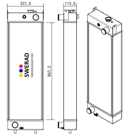 Teknisk ritning av en Kylare New Holland grävmaskin radiator, som visar front-, sido- och toppvyer med mått: 865 mm höjd, 322 mm bredd och 115 mm djup.