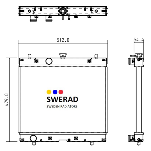 Teknisk ritning av en Kylare New Holland gräsklippare från Sweden Radiatorer med mått: 512,0 mm bredd, 479,0 mm höjd och 54,4 mm djup.