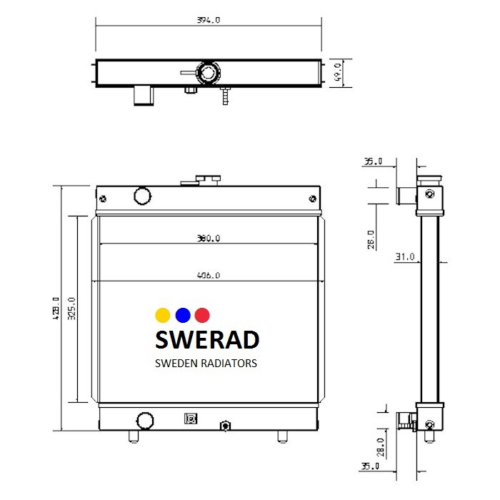 Teknisk ritning av en Kylare New Holland grävmaskin med front-, topp- och sidovyer inklusive mått.