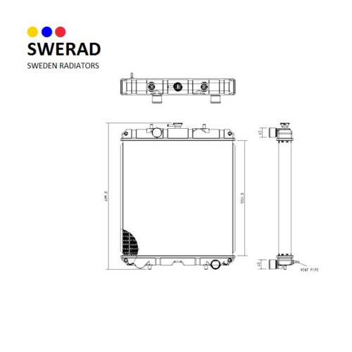 Tekniskt diagram över en Kylare New Holland minilastare radiator, inklusive front-, topp- och sidovyer med detaljerade mått.