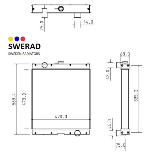 Teknisk ritning av en Kylare New Holland minilastare radiator, som visar front-, sido- och toppvyer med detaljerade mått markerade i millimeter.