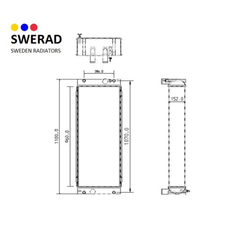 Tekniskt diagram över Kylare Hyundai grävmaskin radiator från Sverige Radiatorer, som visar front-, top- och sidovyer med detaljerade mått.