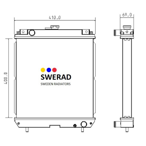 Teknisk ritning av en radiator från SWERAD Sweden Radiatorer. Frontvyn visar dimensionerna 400 mm x 410 mm, och sidovyn visar ett djup på 69 mm. Produktnamn: Kylare Hyundai minigrävare.