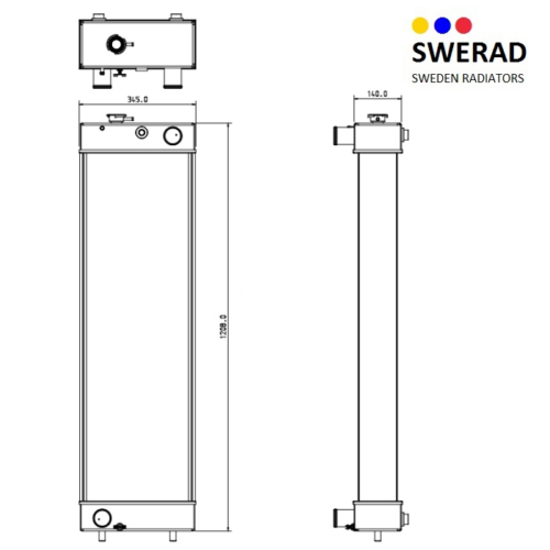 Teknisk ritning av en Kylare Kobelco grävmaskin från Sweden Radiators. Bilden inkluderar front- och sidovyer med mått i millimeter.