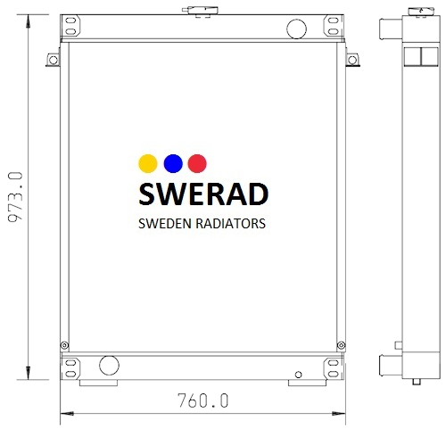 Teknisk ritning av en radiator, Kylare Kobelco grävmaskin av Swerad, Sweden Radiatorer, med dimensioner 973,0 mm höjd och 760,0 mm bredd annoterade.