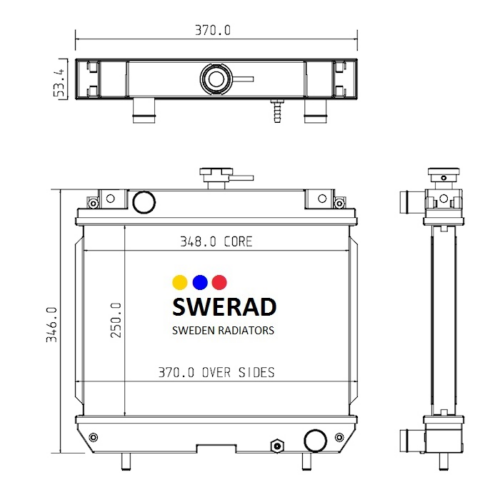 Teknisk ritning av Kylare Kobelco grävmaskin radiator. Framsidan visar dimensioner på 370,0 mm bredd, 346,0 mm höjd och 53,4 mm djup. Ovanifrån indikerar en kärna på 348,0 mm. Sidovy visar anslutningspunkter.