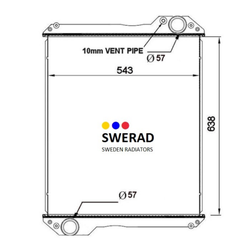 Ett tekniskt diagram över en Kylare IH traktorenhet, som visar dimensioner: höjd 638 mm, bredd 543 mm, med ett 10 mm ventilationsrör och utloppsdiametrar på 57 mm.