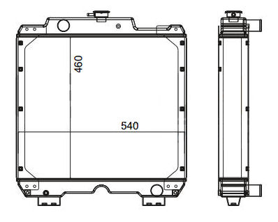 Teknisk ritning som visar front- och sidovyer av en kvadratisk Kylare IH traktor mekanisk komponent med märkta dimensioner: 460 (höjd) och 540 (bredd).